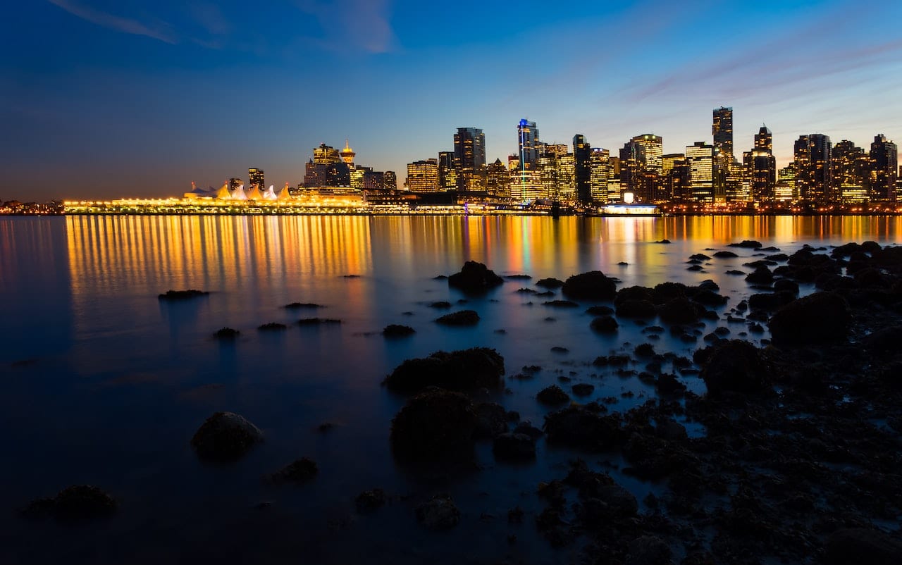 a panoramic view of the nighttime Vancouver