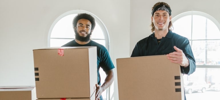 two movers holding cardboard boxes