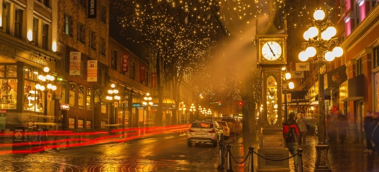 a picture of a well-lit street in Vancouver during the holidays