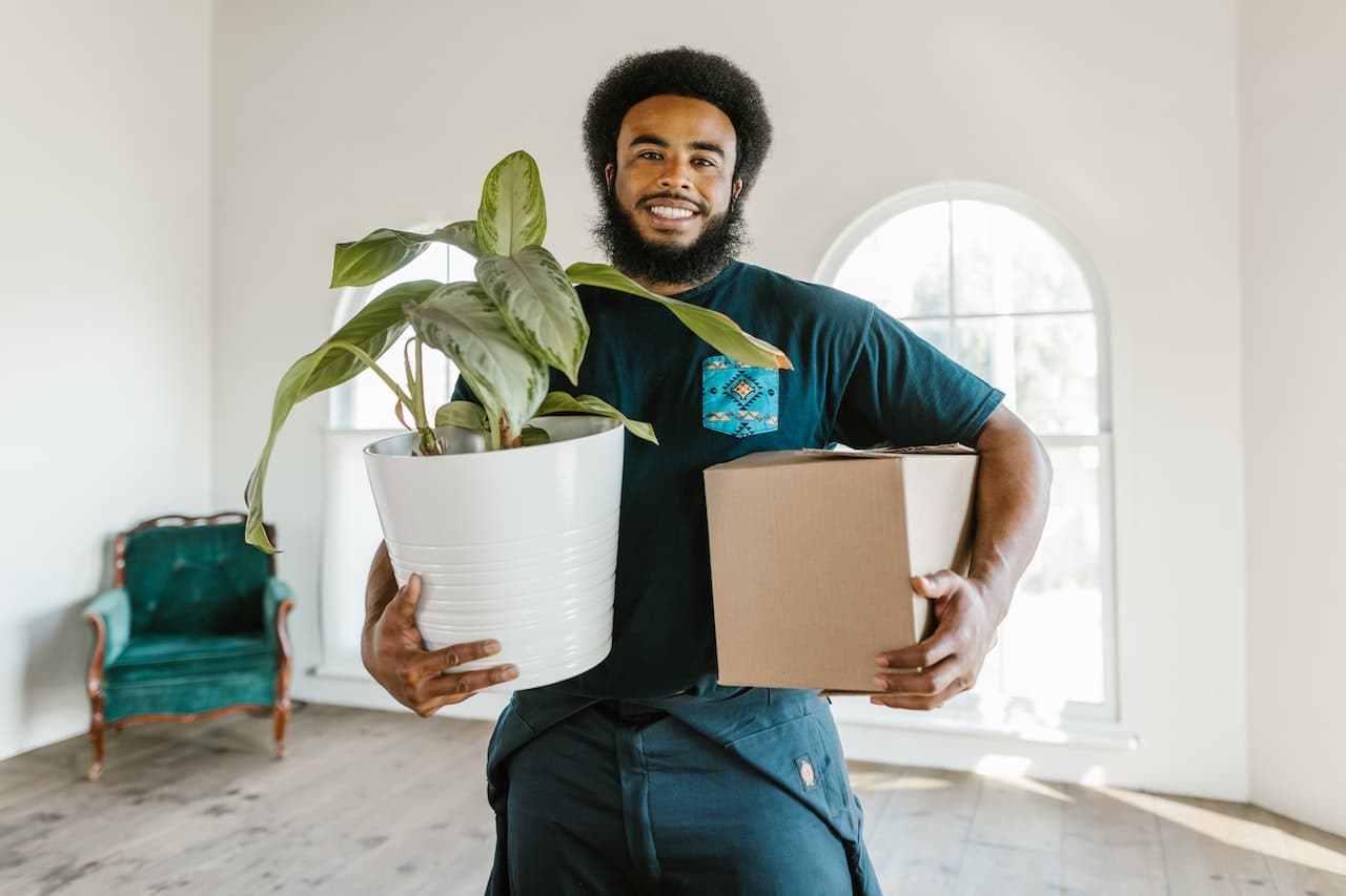 a mover holding a plant and a cardboard box inside an empty room