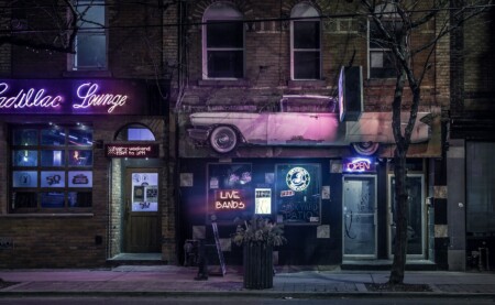 Entrance to a music venue in neon light, Toronto.